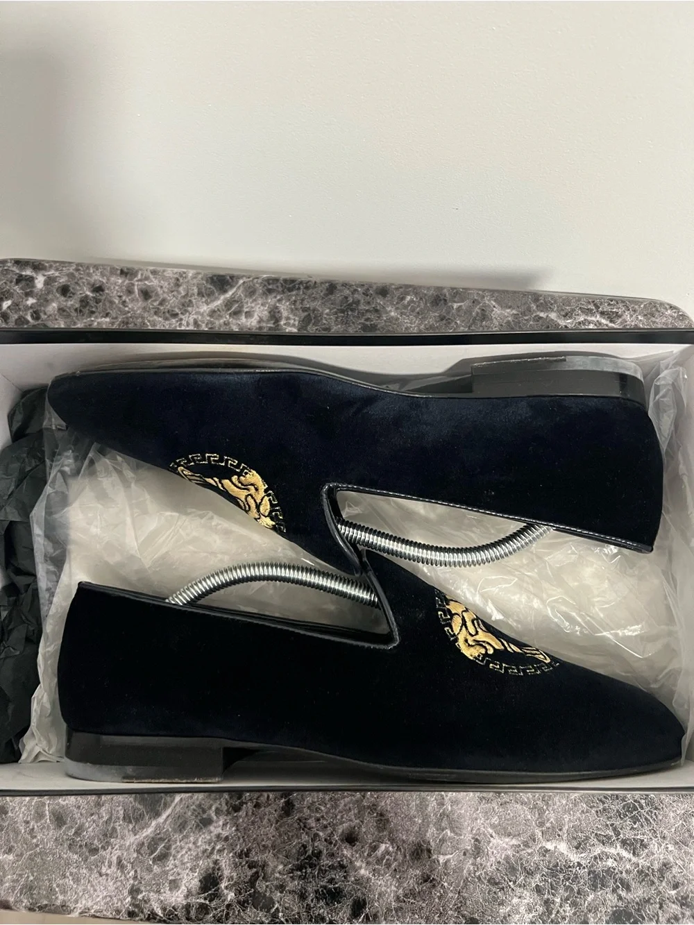 Men's Velvet Loafers with Gold Embroidered Medusa Emblem - Black